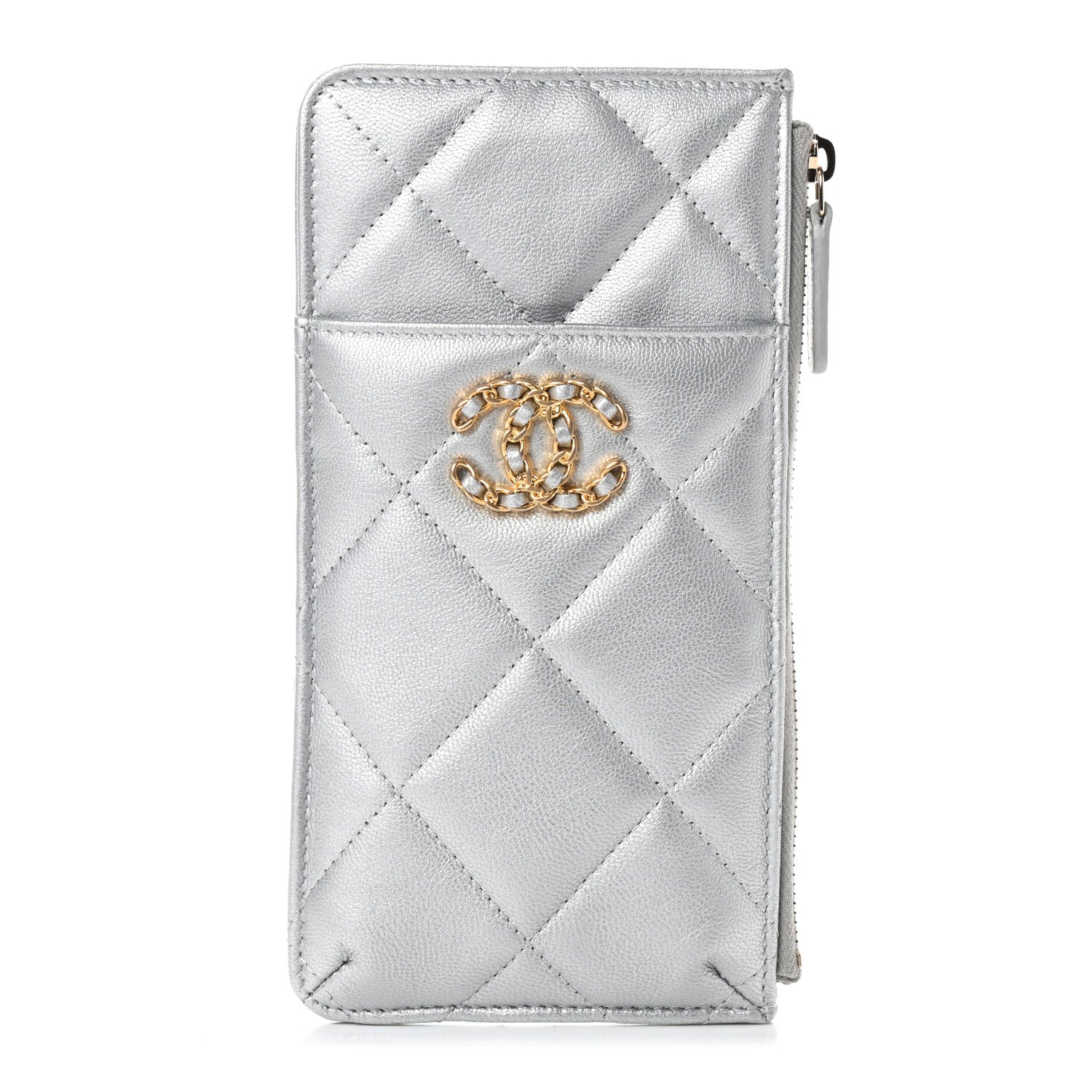 Chanel Metallic Goatskin Quilted Chanel 19 Flat Wallet Pouch Silver 1 of 7