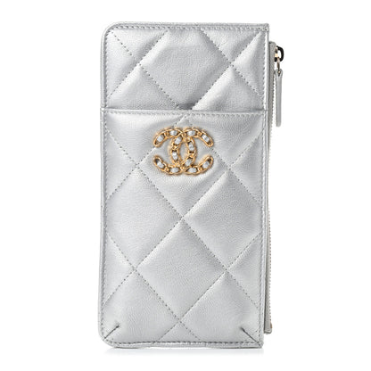 Chanel Metallic Goatskin Quilted Chanel 19 Flat Wallet Pouch Silver 1 of 7