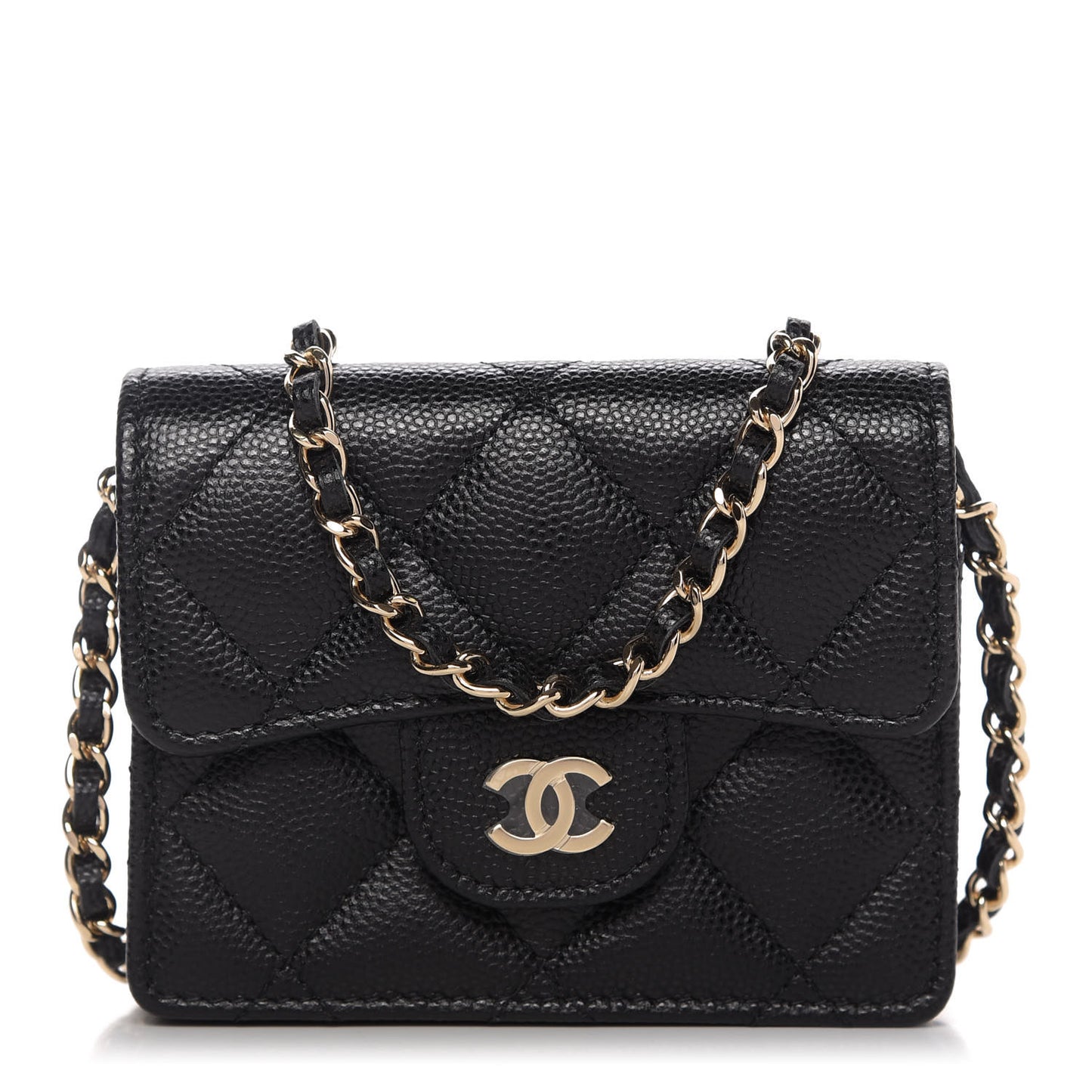 Caviar Quilted Flap Card Holder On Chain Black
