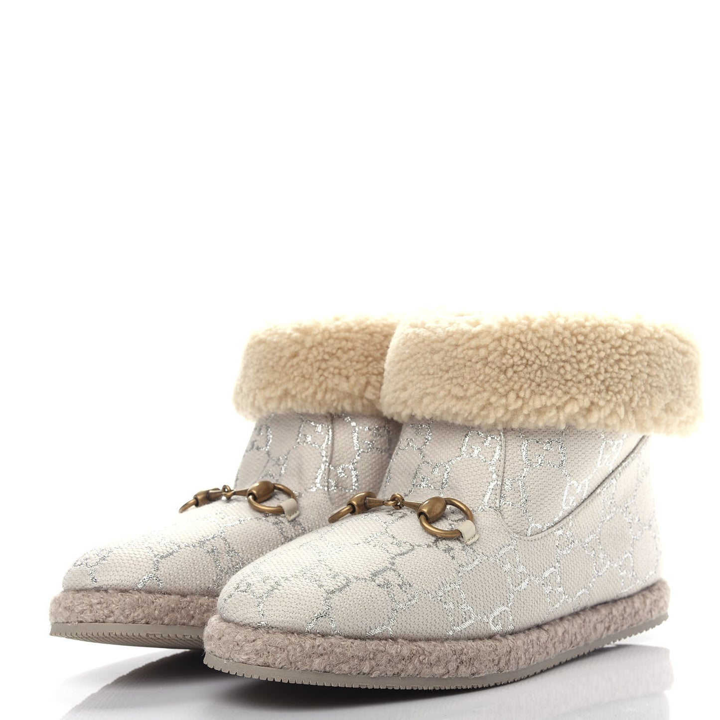 Canvas Wool Lame GG Monogram Womens Fria Horsebit Ankle Boots 36 Gardenia Silver Butterscotch