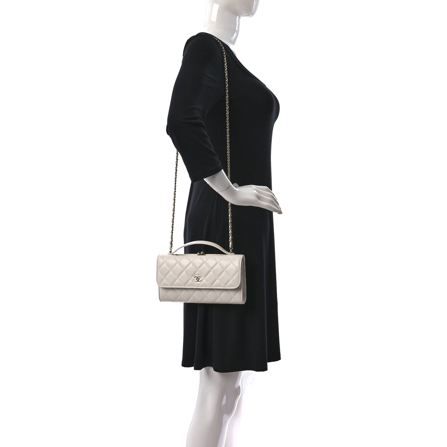 Shiny Calfskin Quilted Flap Phone Holder With Chain White