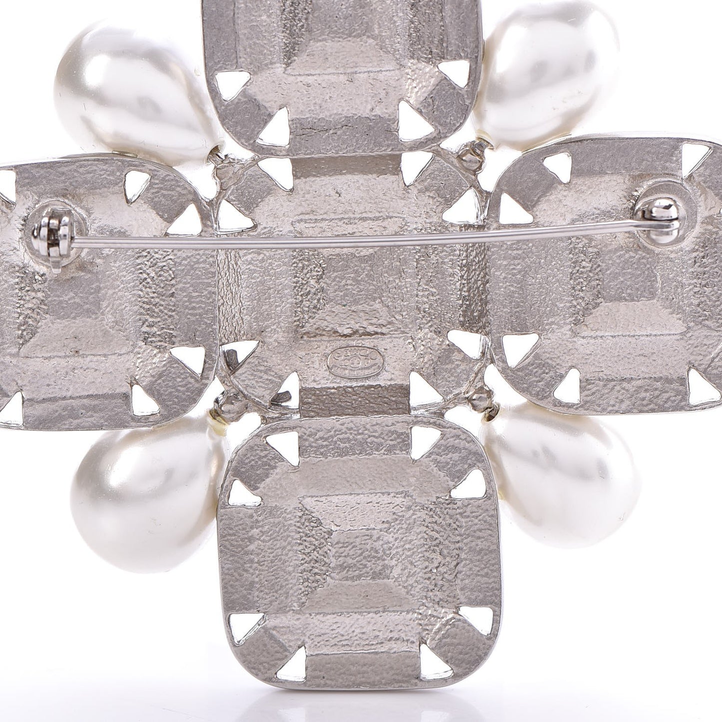 Pearl Crystal Baguette Brooch Silver