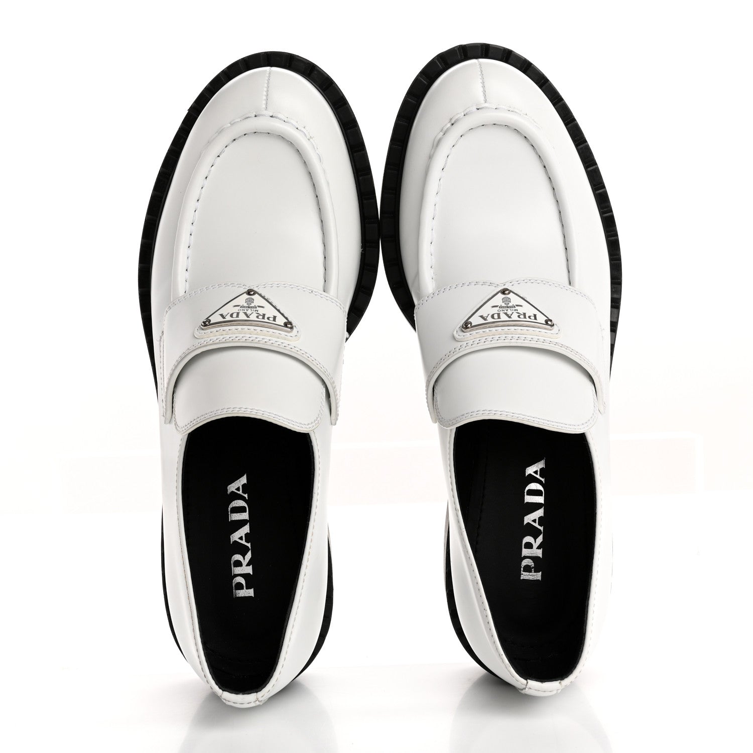 Prada Brushed Calfskin Metal Triangle Logo 20mm Loafers 39.5 White 3 of 13