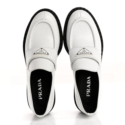 Prada Brushed Calfskin Metal Triangle Logo 20mm Loafers 39.5 White 3 of 13