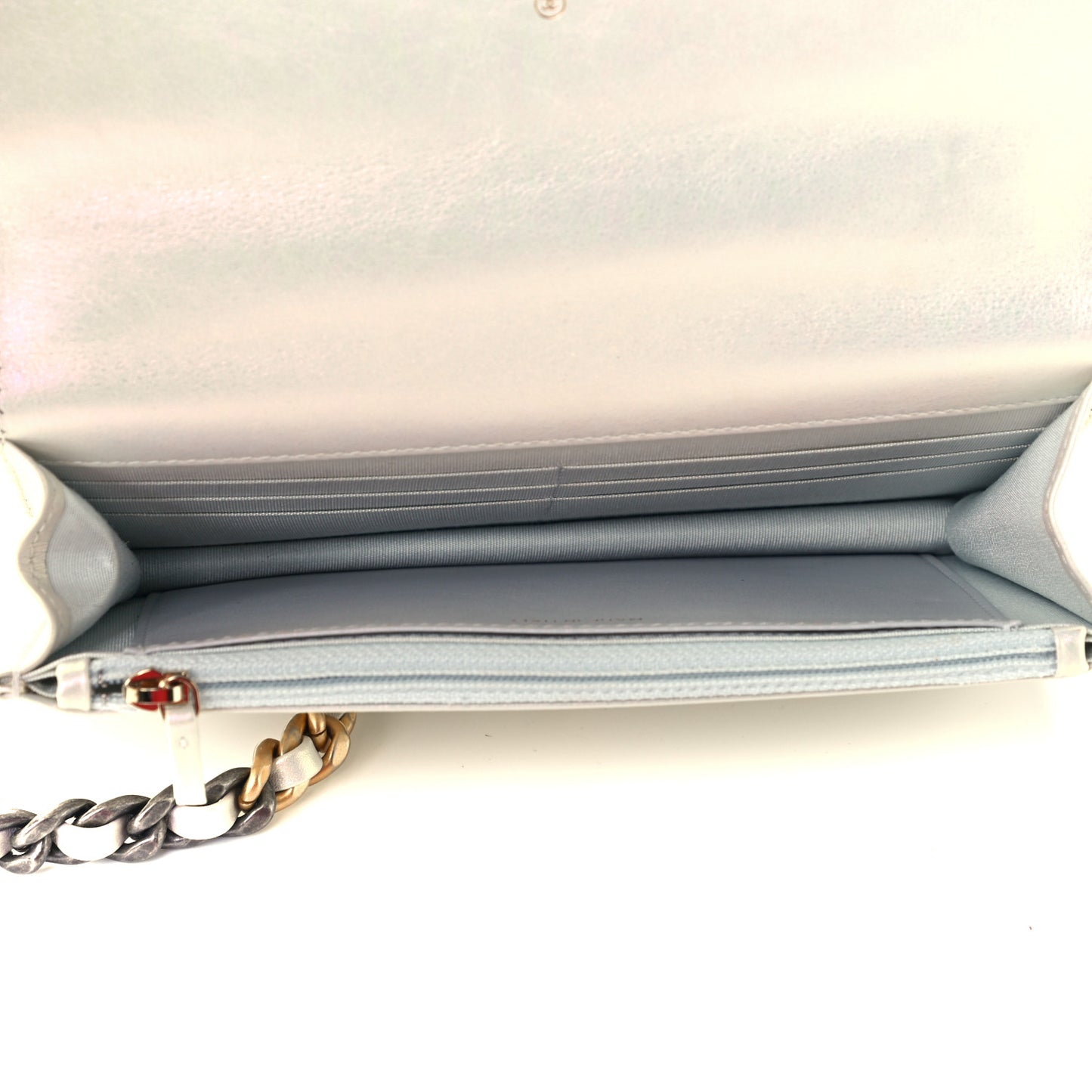 Iridescent Calfskin Quilted Chanel 19 Wallet On Chain WOC White