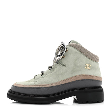 Chanel Suede Grained Calfskin CC Lace Up Boots 41 Light Green Dark Beige Gray 1 of 8