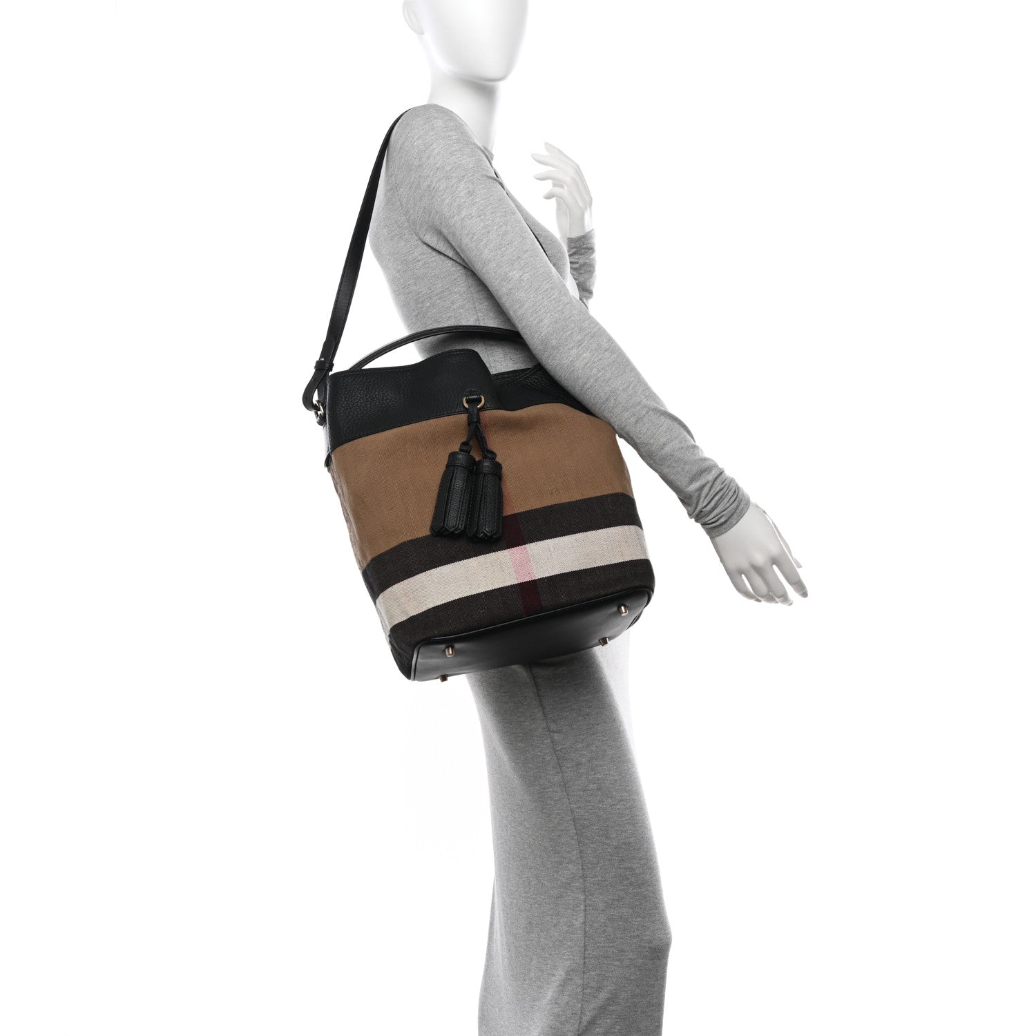 Burberry Grainy Calfskin Canvas Mega Check Medium Ashby Tassel Hobo Black 2 of 13