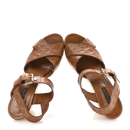 Louis Vuitton Calfskin Monogram Embossed Espadrille Wedge Sandals 38.5 Cognac 2 of 8