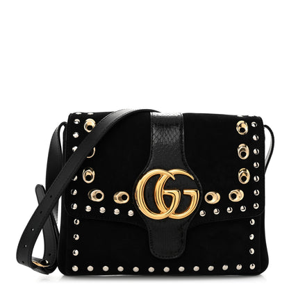 Gucci Suede Snakeskin Studded Medium Arli Flap Shoulder Bag Black 1 of 10