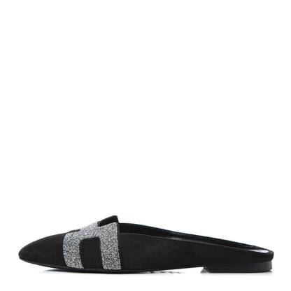 Hermes Suede Goatskin Crystal Roxane Mules 36.5 Gris Argente Black 1 of 15