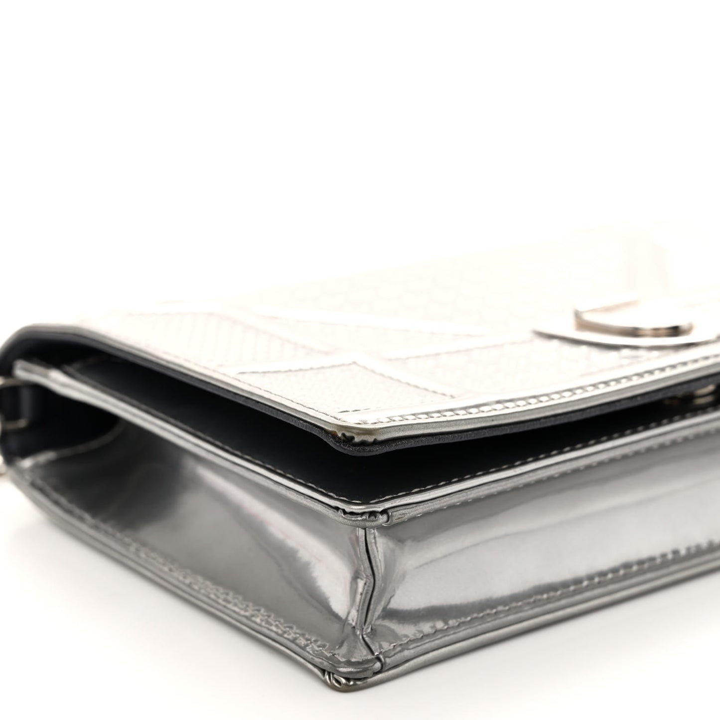 Metallic Patent Micro-Cannage Diorama Wallet on Chain Pouch Silver