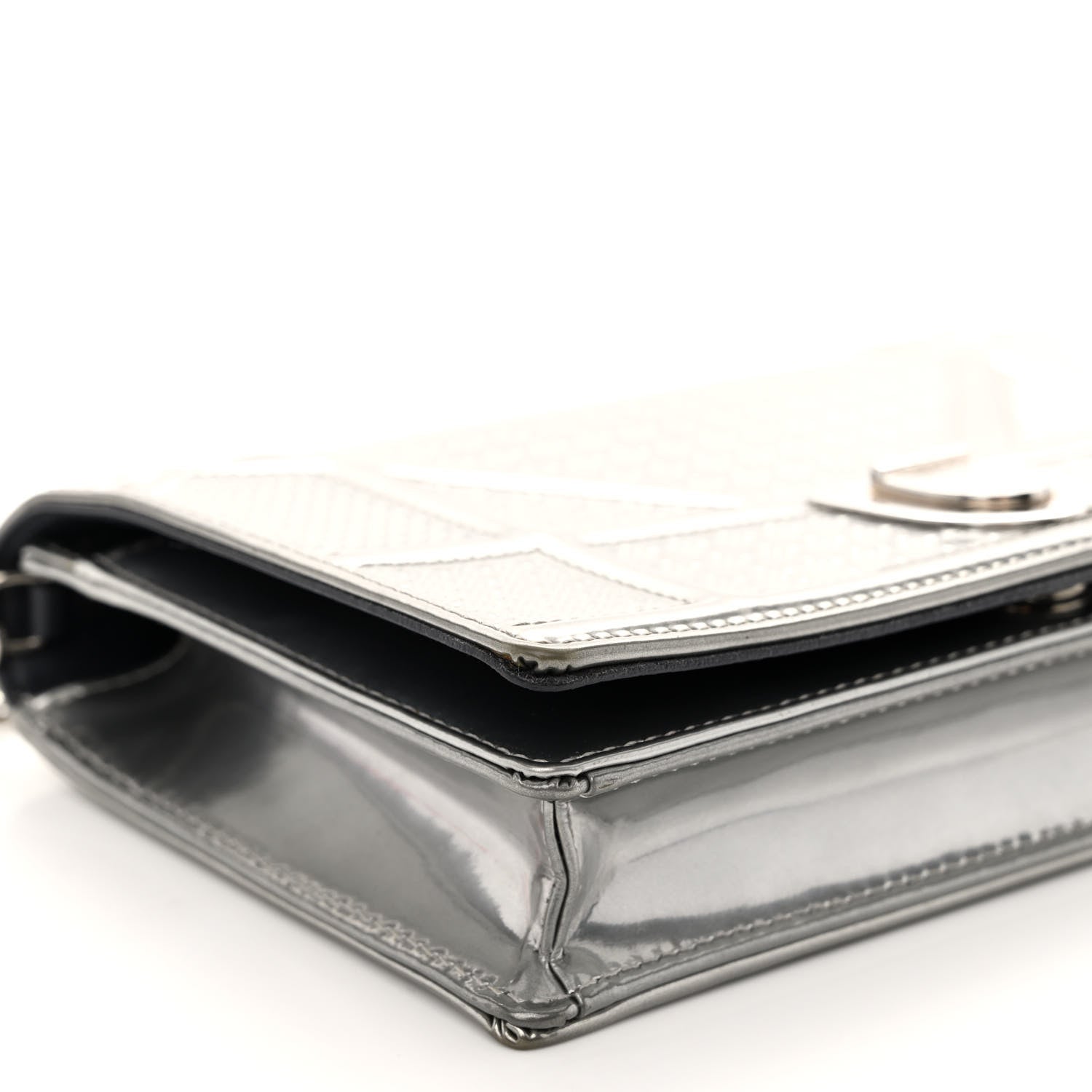 Christian Dior Metallic Patent Micro-Cannage Diorama Wallet on Chain Pouch Silver 8 of 9