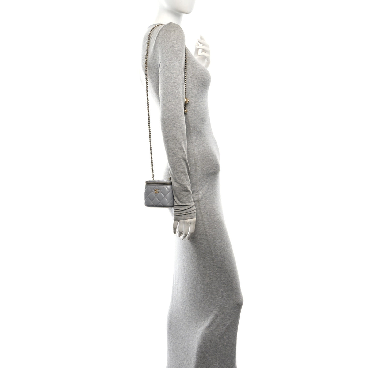 Lambskin Quilted Pearl Crush Mini Vanity Case With Chain Grey