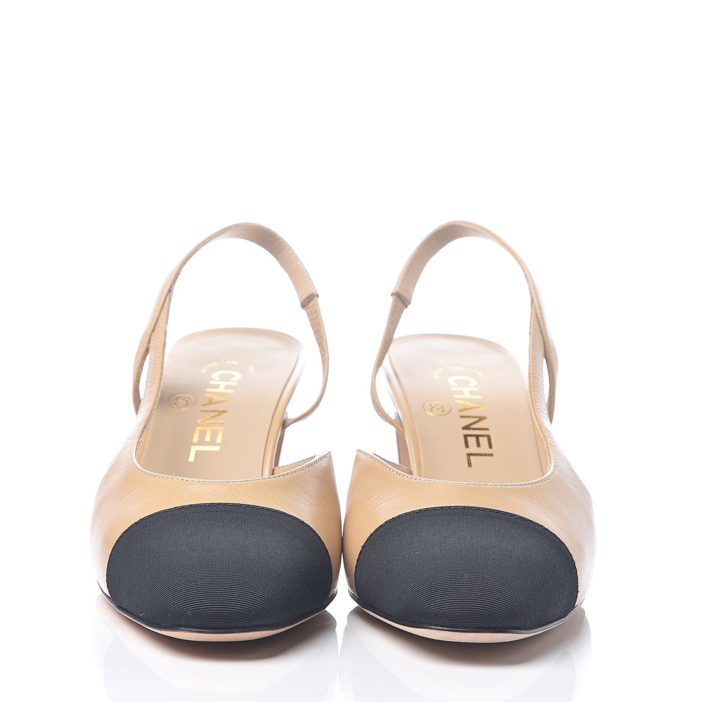 Goatskin Grosgrain Cap Toe CC Slingback Pumps 36 Beige Black