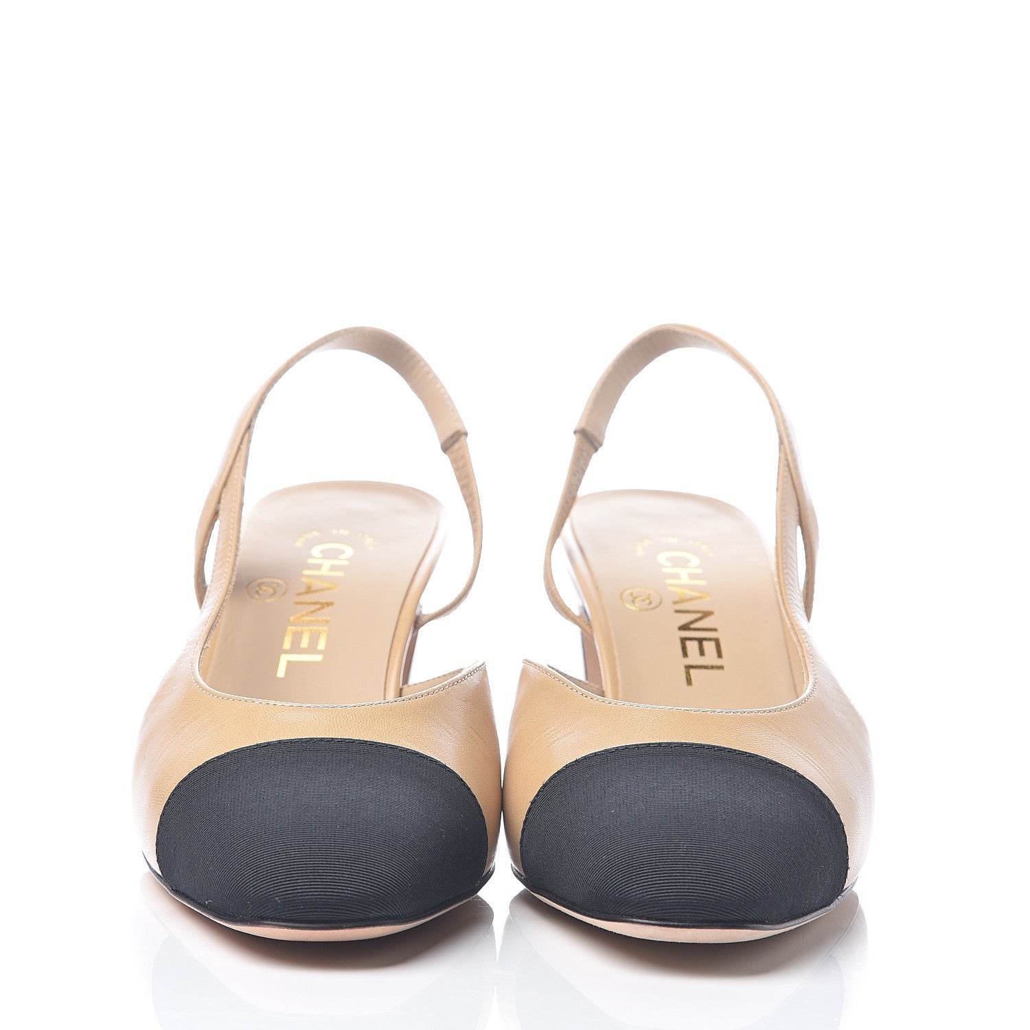 Chanel Goatskin Grosgrain Cap Toe CC Slingback Pumps 36 Beige Black 2 of 7