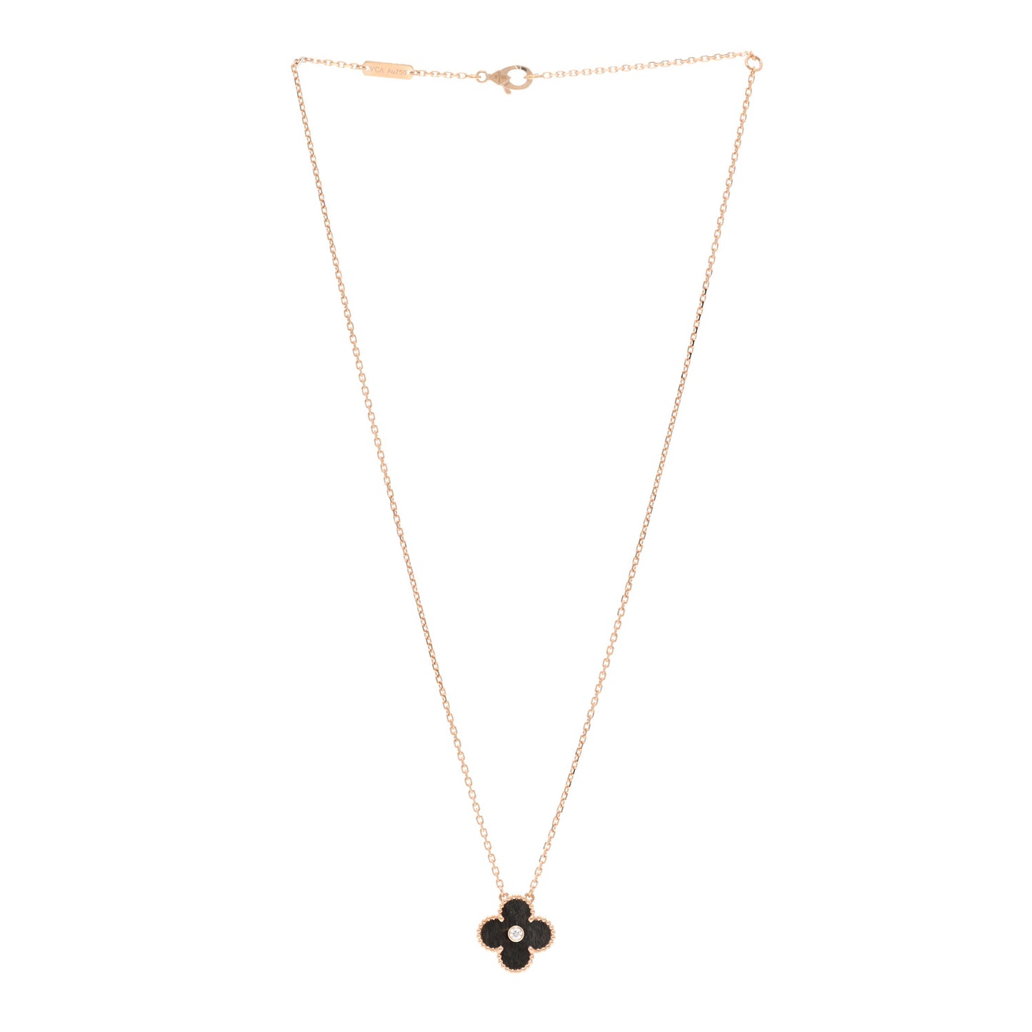 18K Rose Gold Diamond Silver Obsidian Vintage Alhambra Pendant Necklace