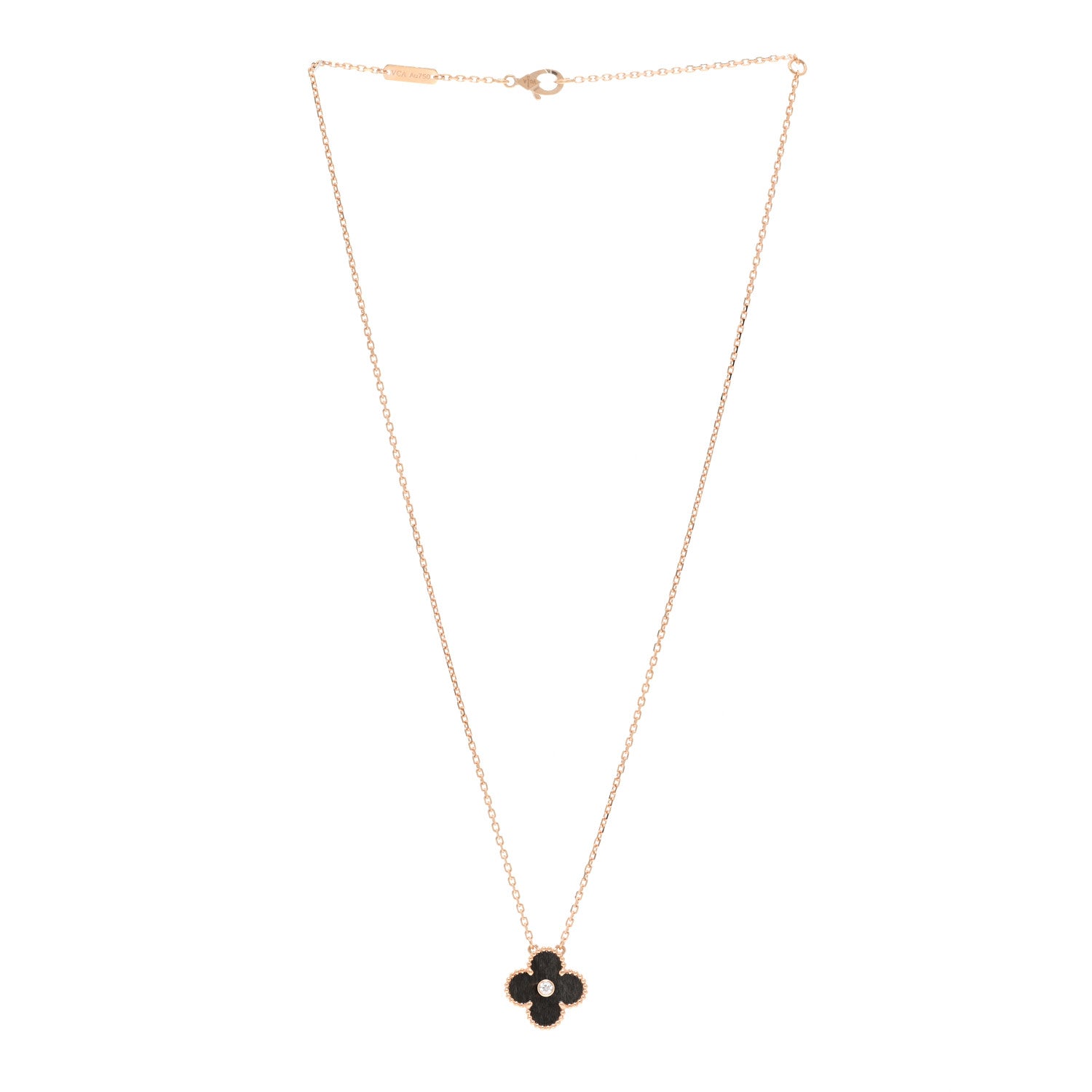 Van Cleef & Arpels 18K Rose Gold Diamond Silver Obsidian Vintage Alhambra Pendant Necklace 3 of 6