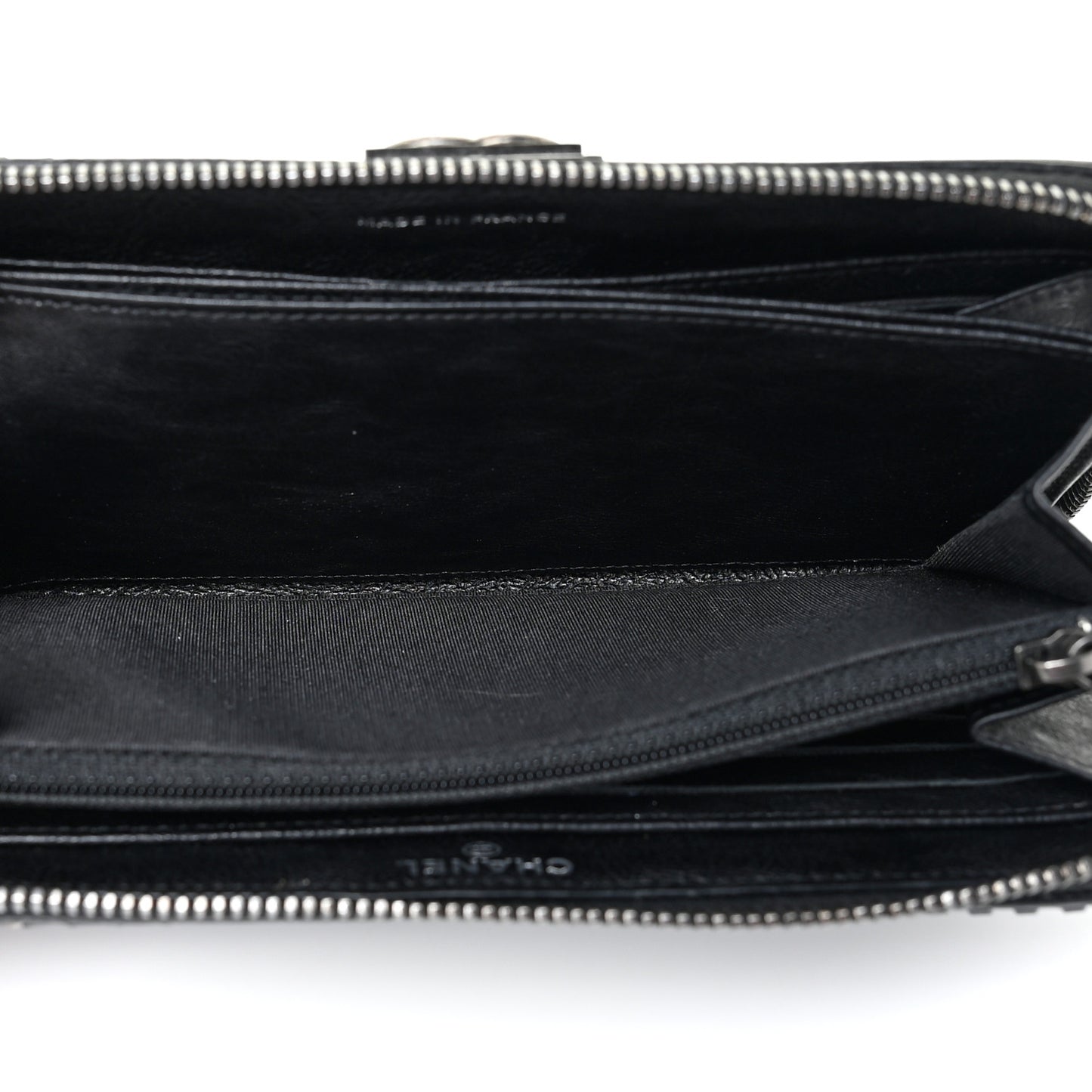 Calfskin Quilted Boy Chain Large Gusset Zip Around Wallet Black