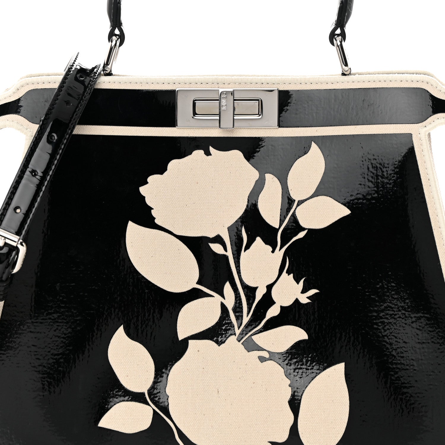 Fendi Canvas Spalmato Vernice Roses Medium Peekaboo I SEE U Satchel Black Grezzo 9 of 17