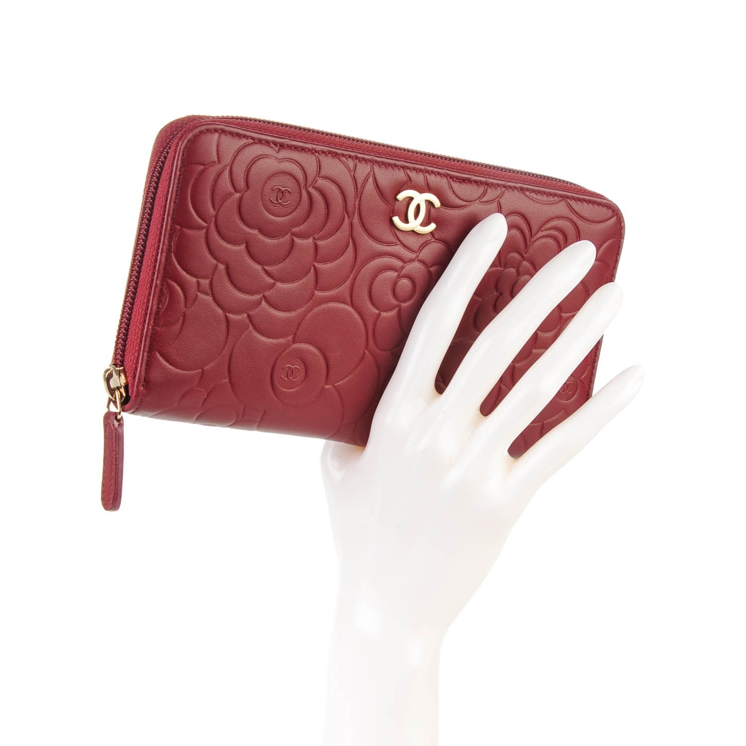 Chanel Lambskin Camellia Embossed Large Gusset Zip Around Wallet Red 2 of 9
