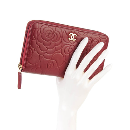 Chanel Lambskin Camellia Embossed Large Gusset Zip Around Wallet Red 2 of 9