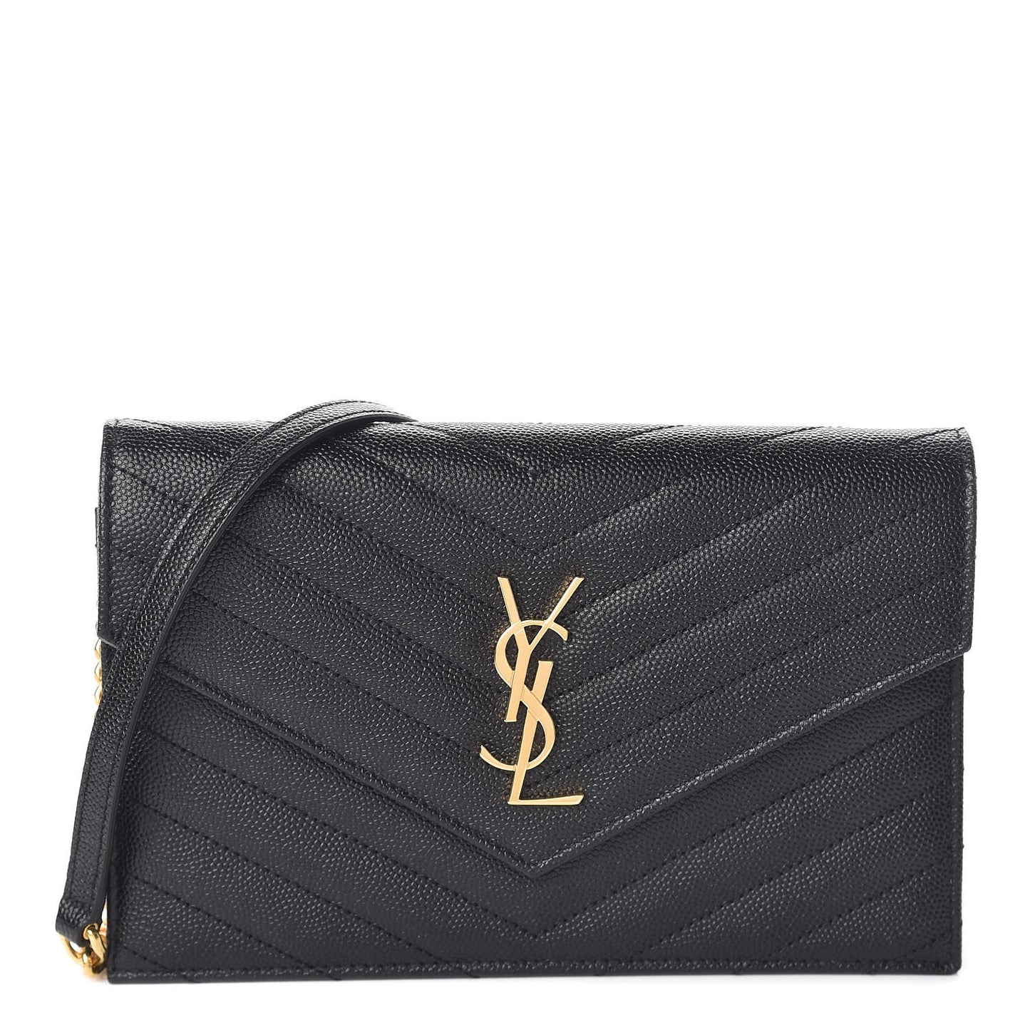 Grain De Poudre Matelasse Chevron Monogram Envelope Chain Wallet Black