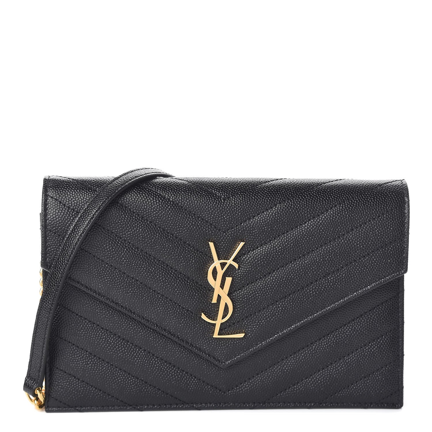 Saint Laurent Grain De Poudre Matelasse Chevron Monogram Envelope Chain Wallet Black 1 of 10