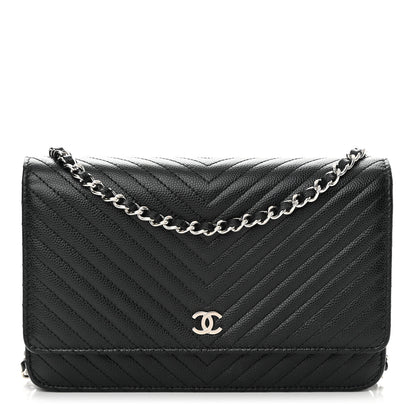 Chanel Caviar Chevron Quilted Wallet On Chain WOC Black 1 of 15