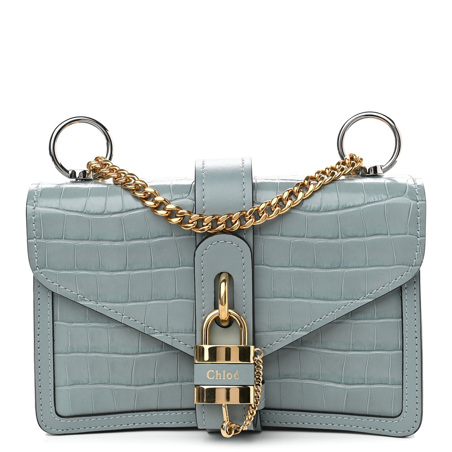 Calfskin Crocodile Embossed Aby Chain Shoulder Bag Faded Blue