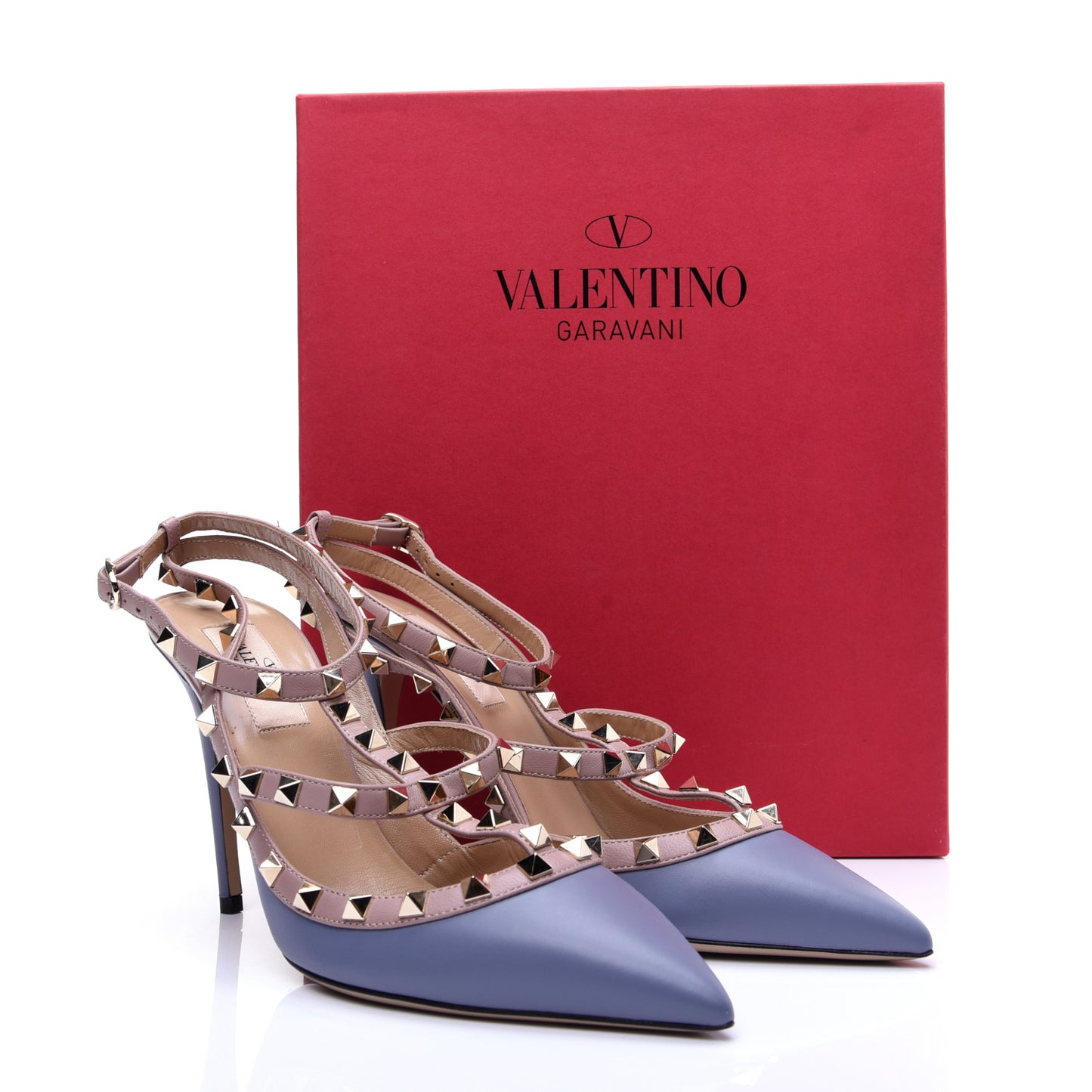 Calfskin Nappa Rockstud Ankle Strap 100mm Pumps 39 Grey Blue Poudre