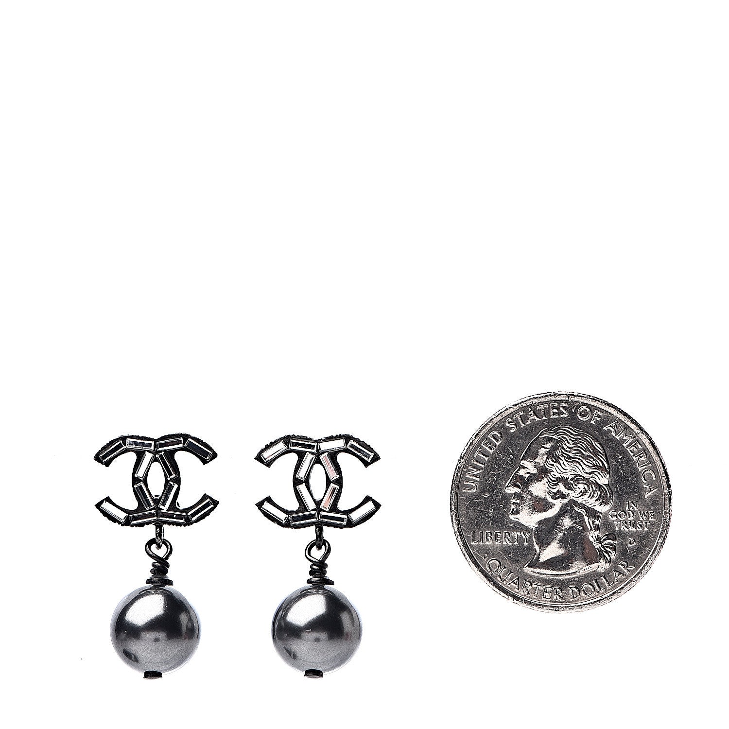 Chanel Ruthenium Pearl Crystal Baguette CC Drop Earrings Silver Grey 2 of 4
