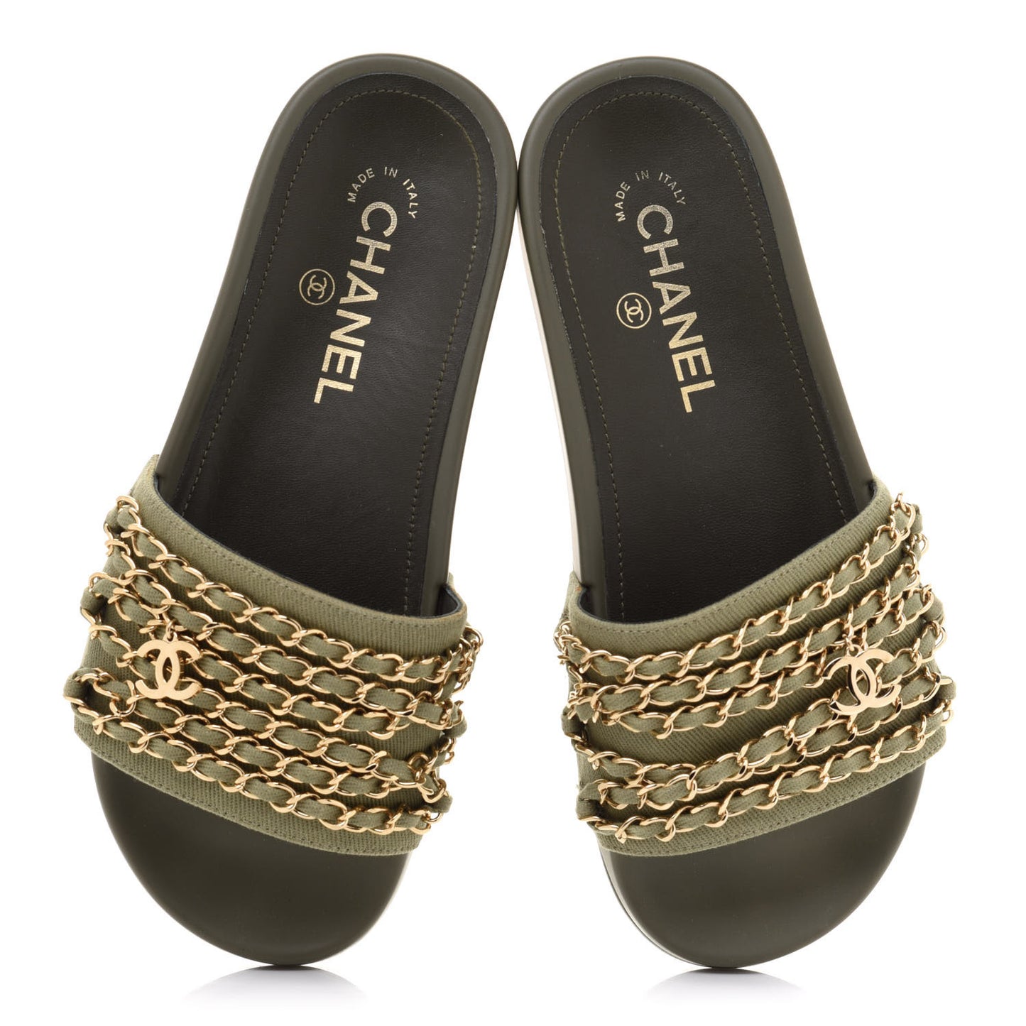 Canvas Chain Flat Sandals 36 Khaki