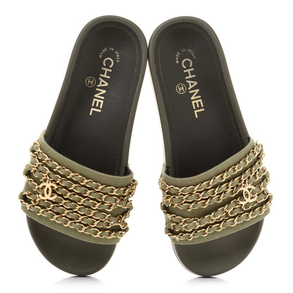 Chanel Canvas Chain Flat Sandals 36 Khaki 5 of 11