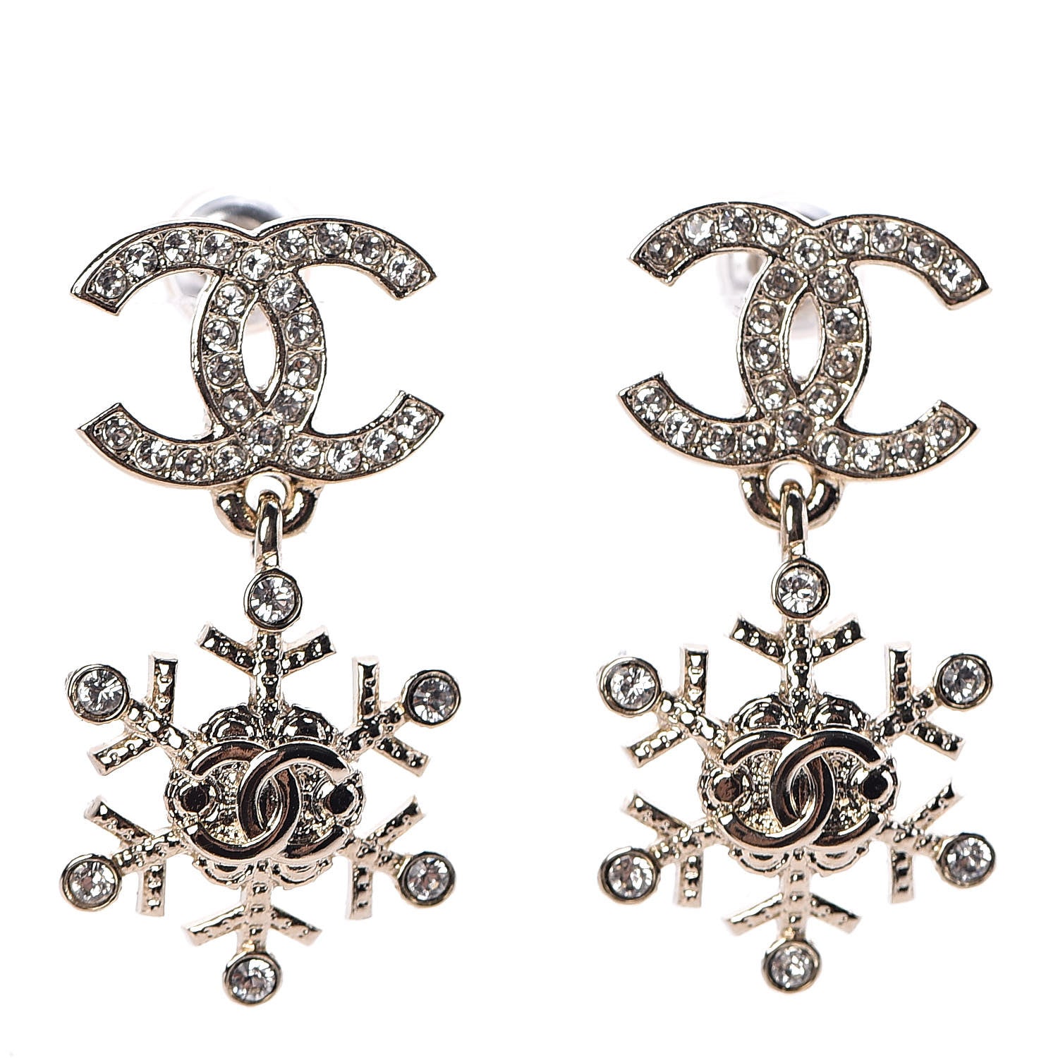 Chanel Crystal Snowflake CC Drop Earrings Gold 1 of 5