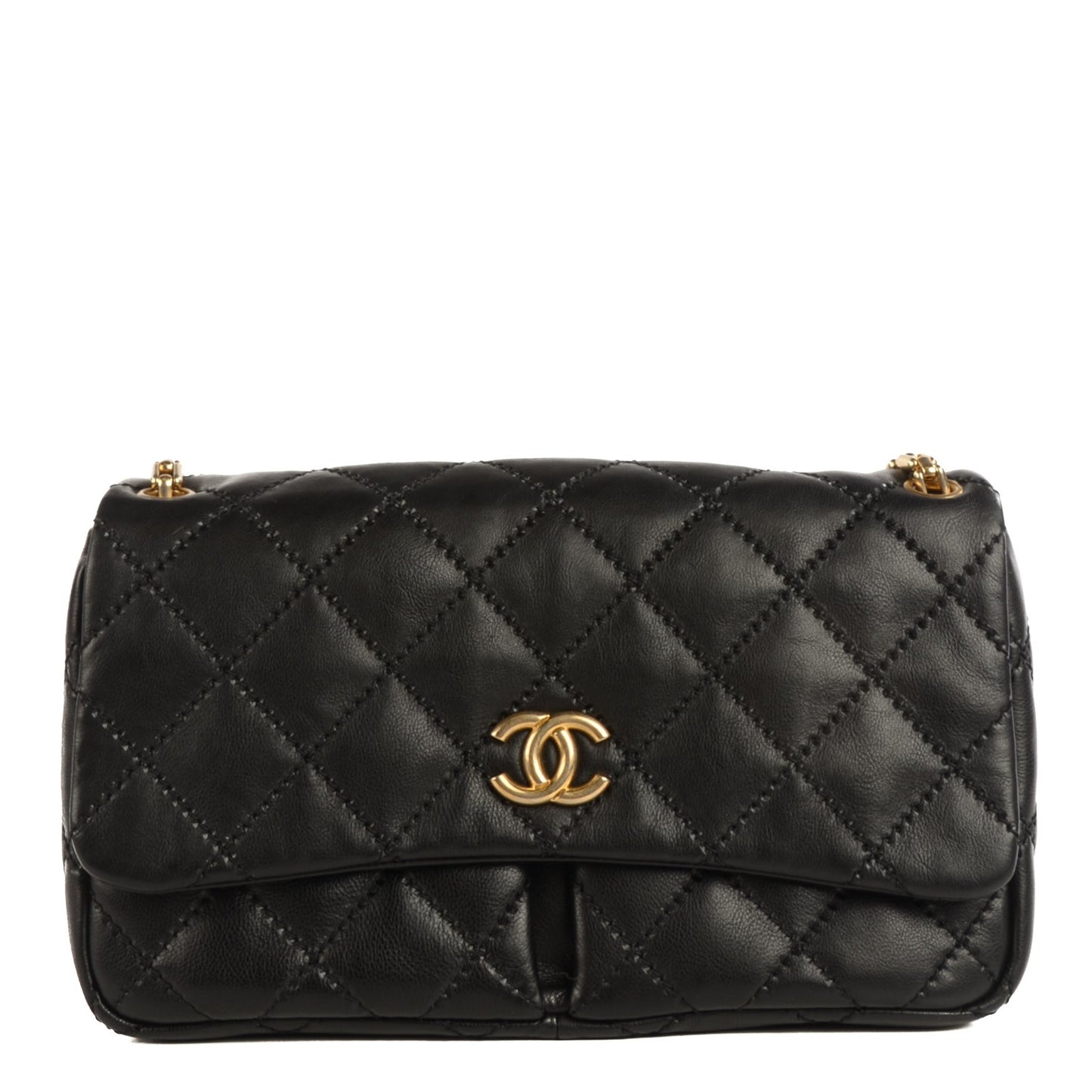 Calfskin Quilted Large Retro Chain Flap Black