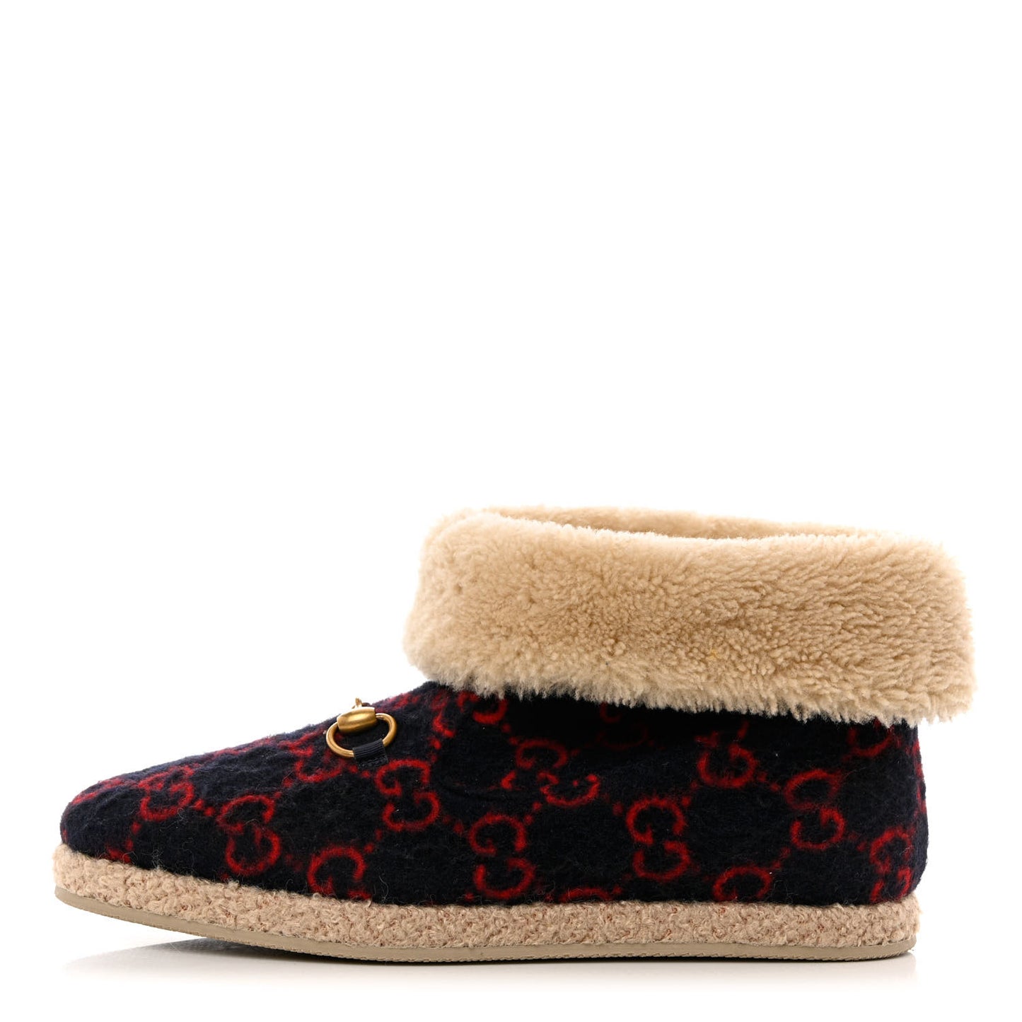 Covered Wool GG Monogram Mens Fria Horsebit Ankle Boots 8 Blue Red Butterscotch