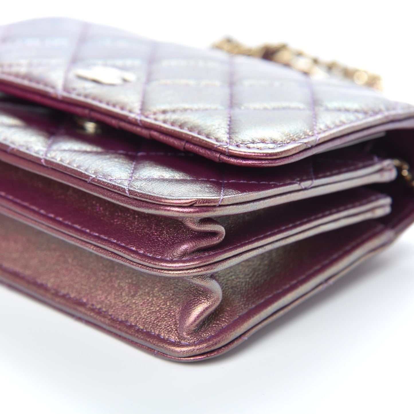 Iridescent Lambskin Quilted Mini Wallet On Chain WOC Purple