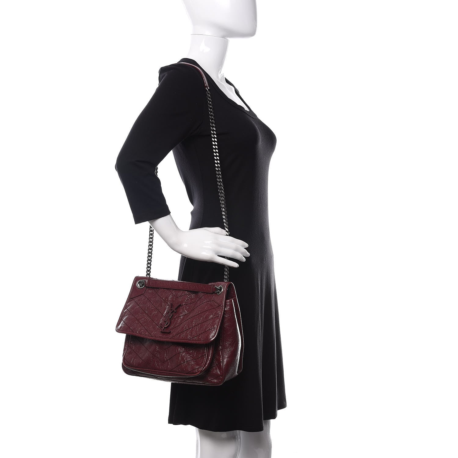 Saint Laurent Crinkled Calfskin Matelasse Monogram Medium Niki Chain Satchel Burgundy 2 of 14