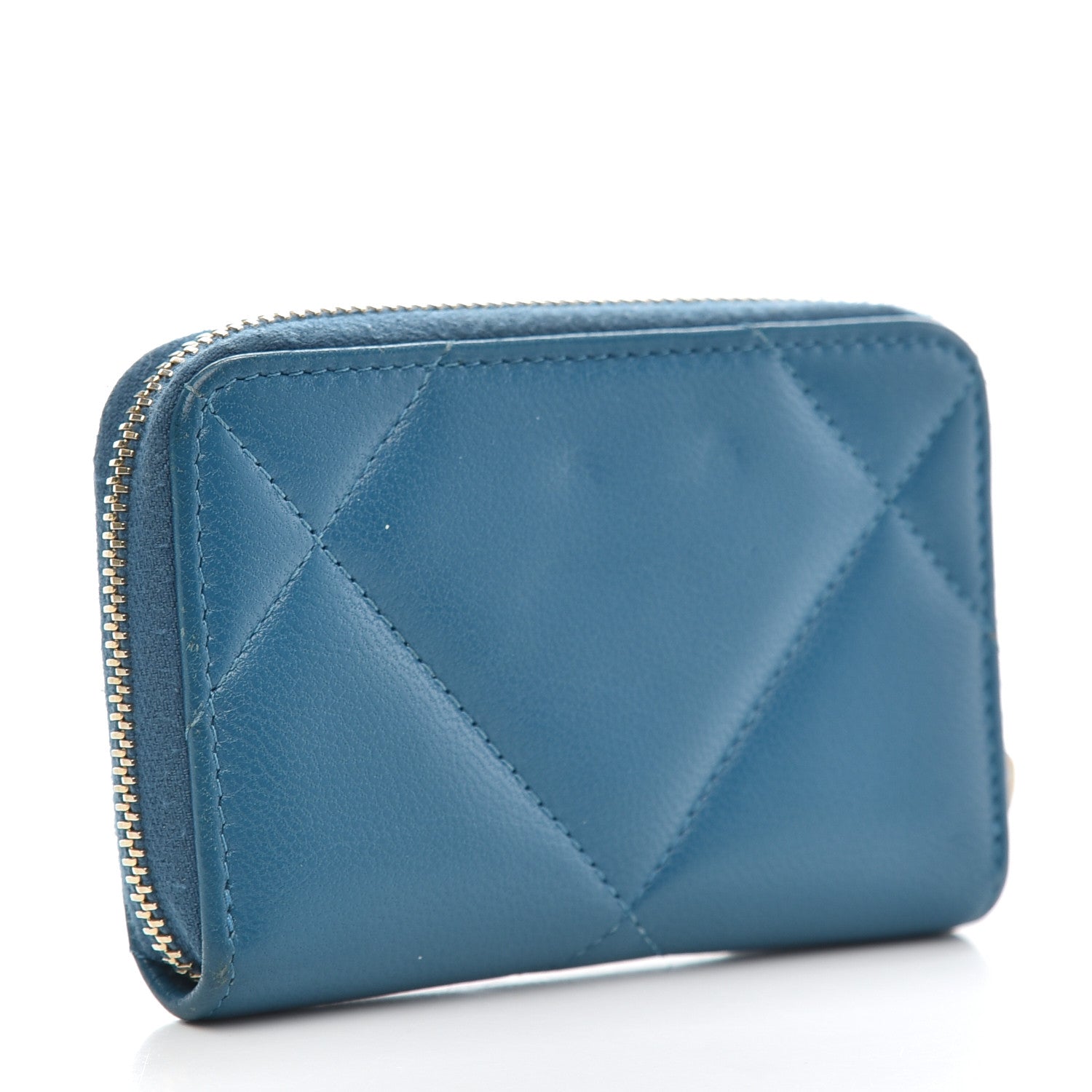 Chanel Goatskin Quilted Chanel 19 Zip Around Coin Purse Wallet Turquoise 3 of 7