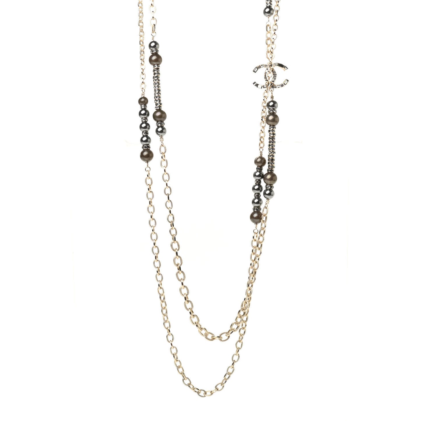 Pearl Crystal CC Long Necklace Gold