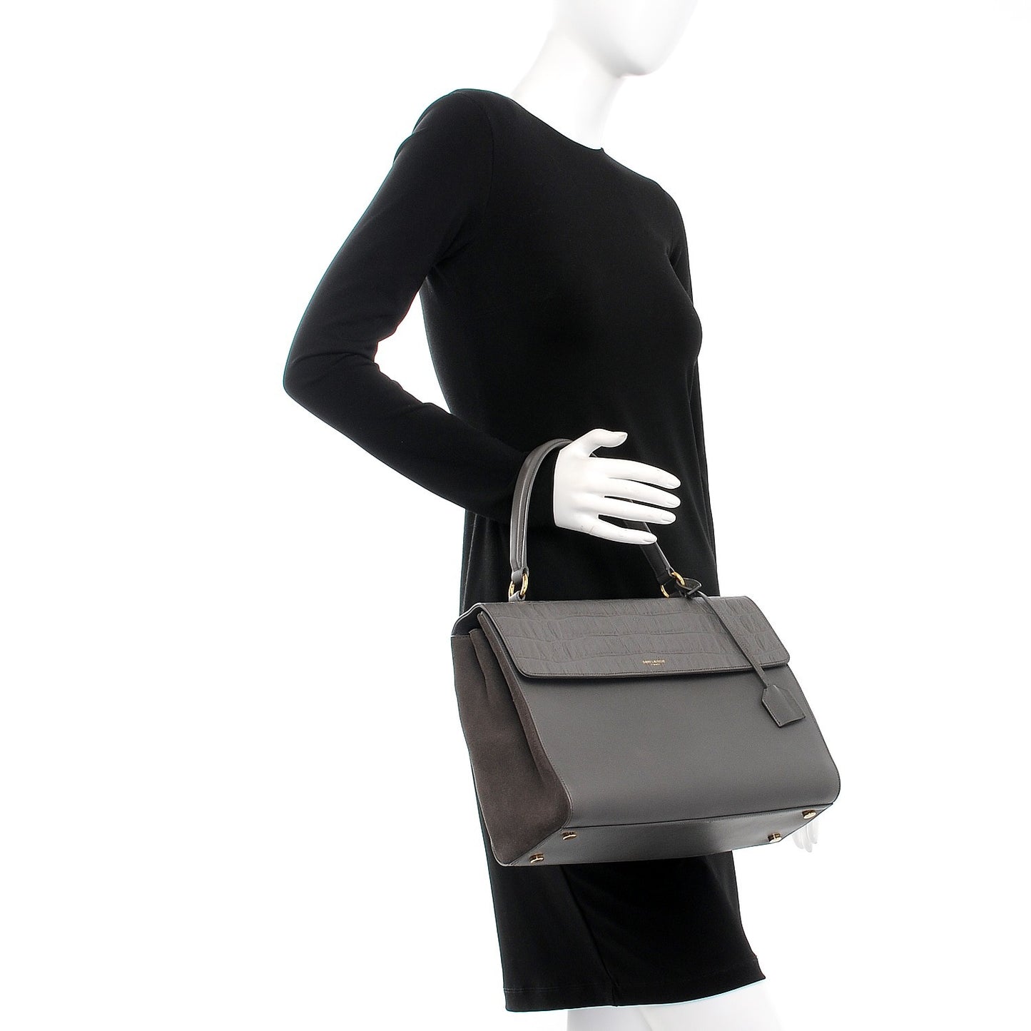 Calfskin Crocodile Embossed Medium Moujik Top Handle Bag Fog