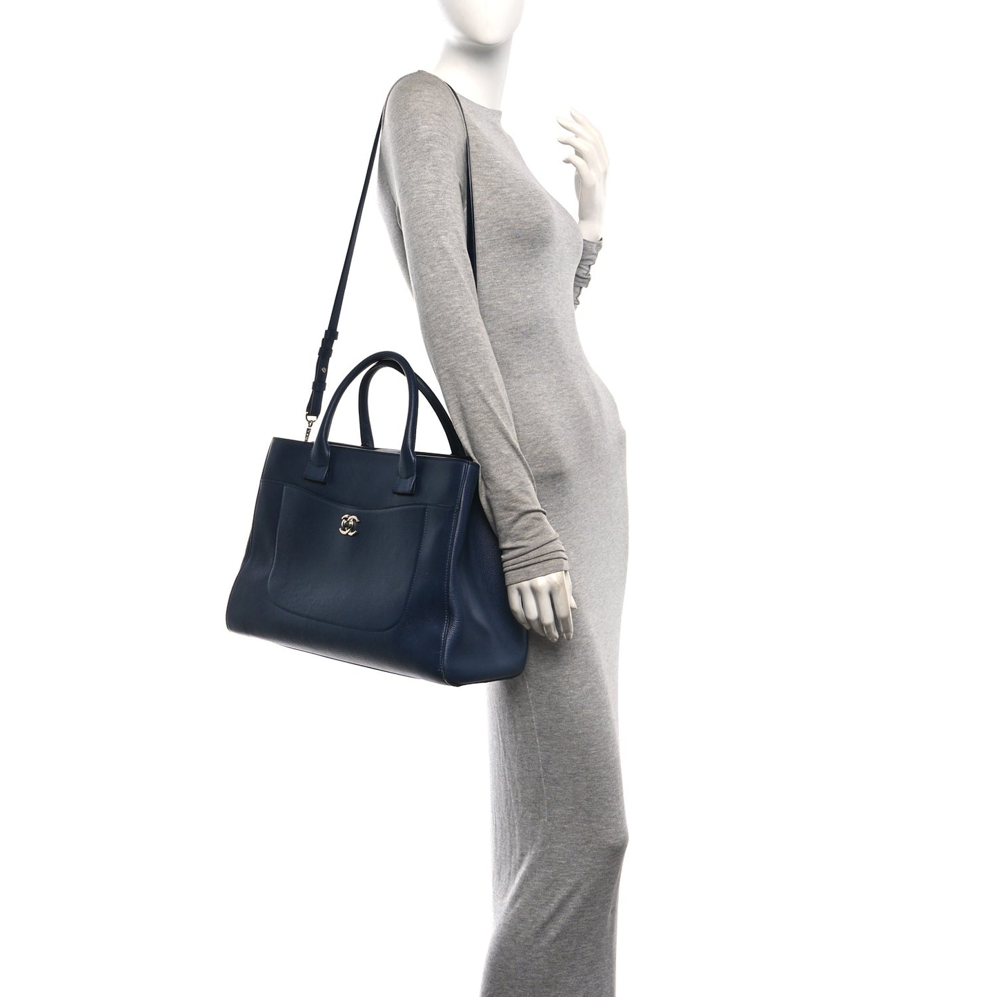 Grained Calfskin Large Neo Executive Shopper Tote Dark Blue