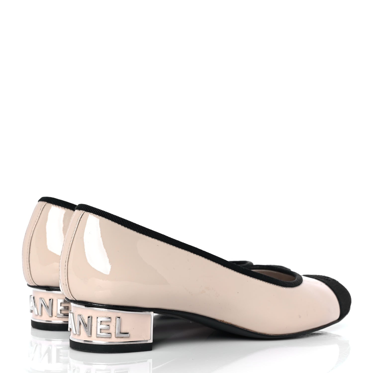 Chanel Patent Grosgrain Cap Toe Logo Flats 36 Beige Black 4 of 10