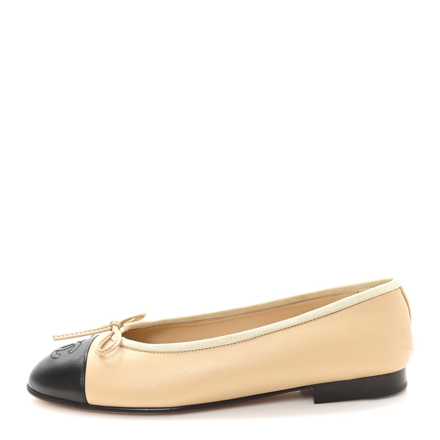 Chanel Lambskin Cap Toe CC Ballerina Flats 37.5 Beige Black 1 of 11