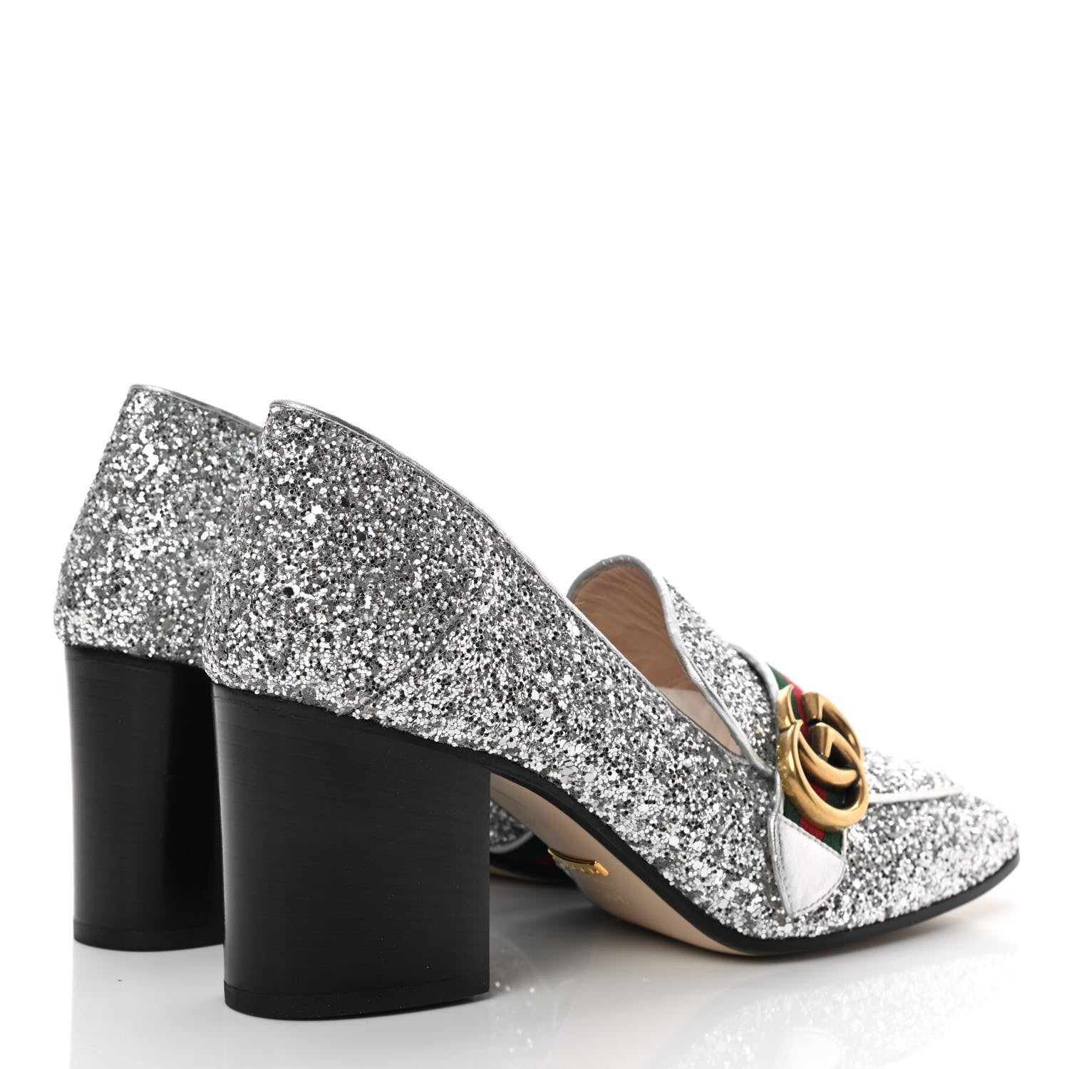 Gucci Glitter Nappa Web Peyton 75mm Loafer Pumps 38.5 Argento 4 of 9