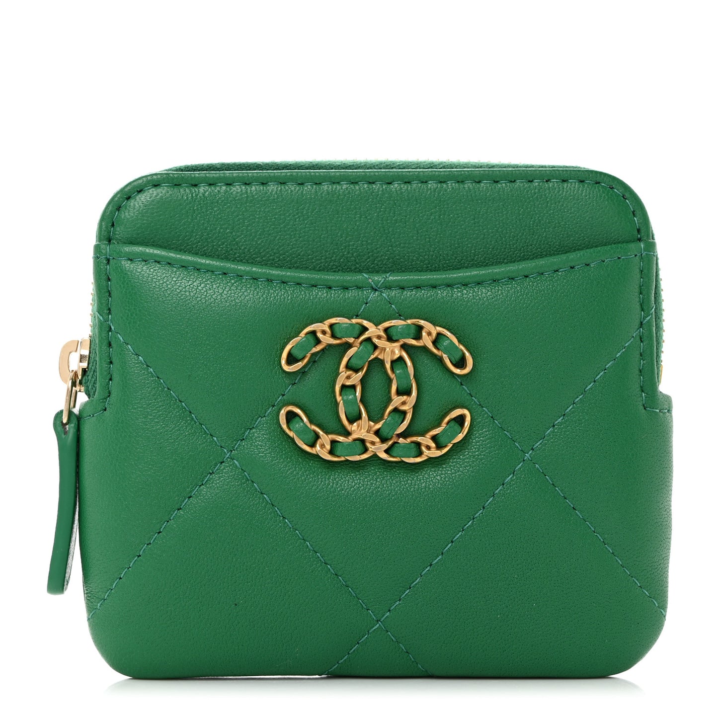 Lambskin Quilted Chanel 19 Zip Card Holder Wallet Green