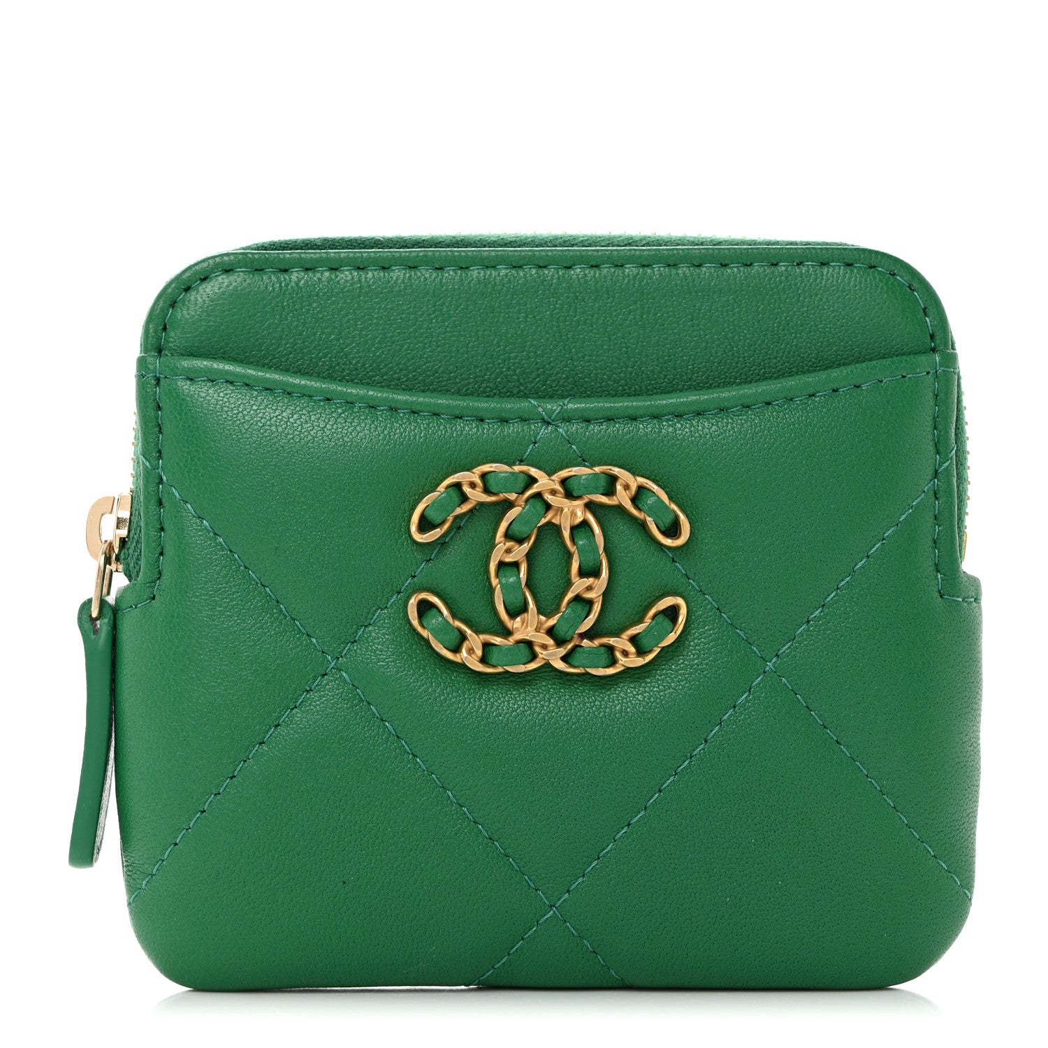 Chanel Lambskin Quilted Chanel 19 Zip Card Holder Wallet Green 1 of 8