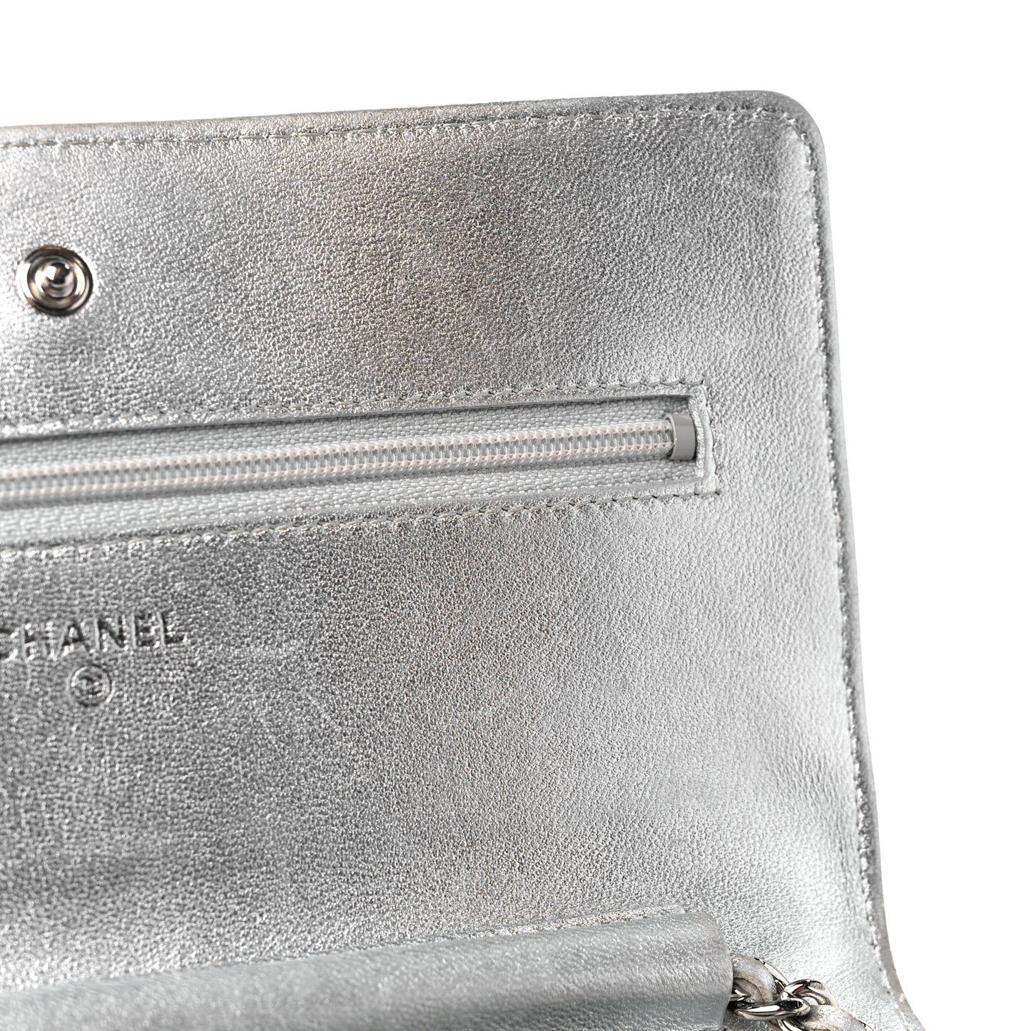 Metallic Lambskin Quilted Wallet On Chain WOC Silver