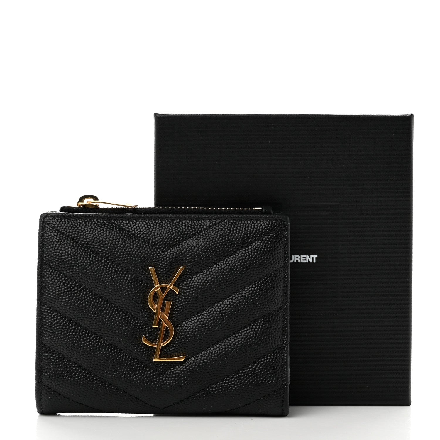 Saint Laurent Grain De Poudre Matelasse Chevron Monogram Zipped Card Case Black 8 of 8