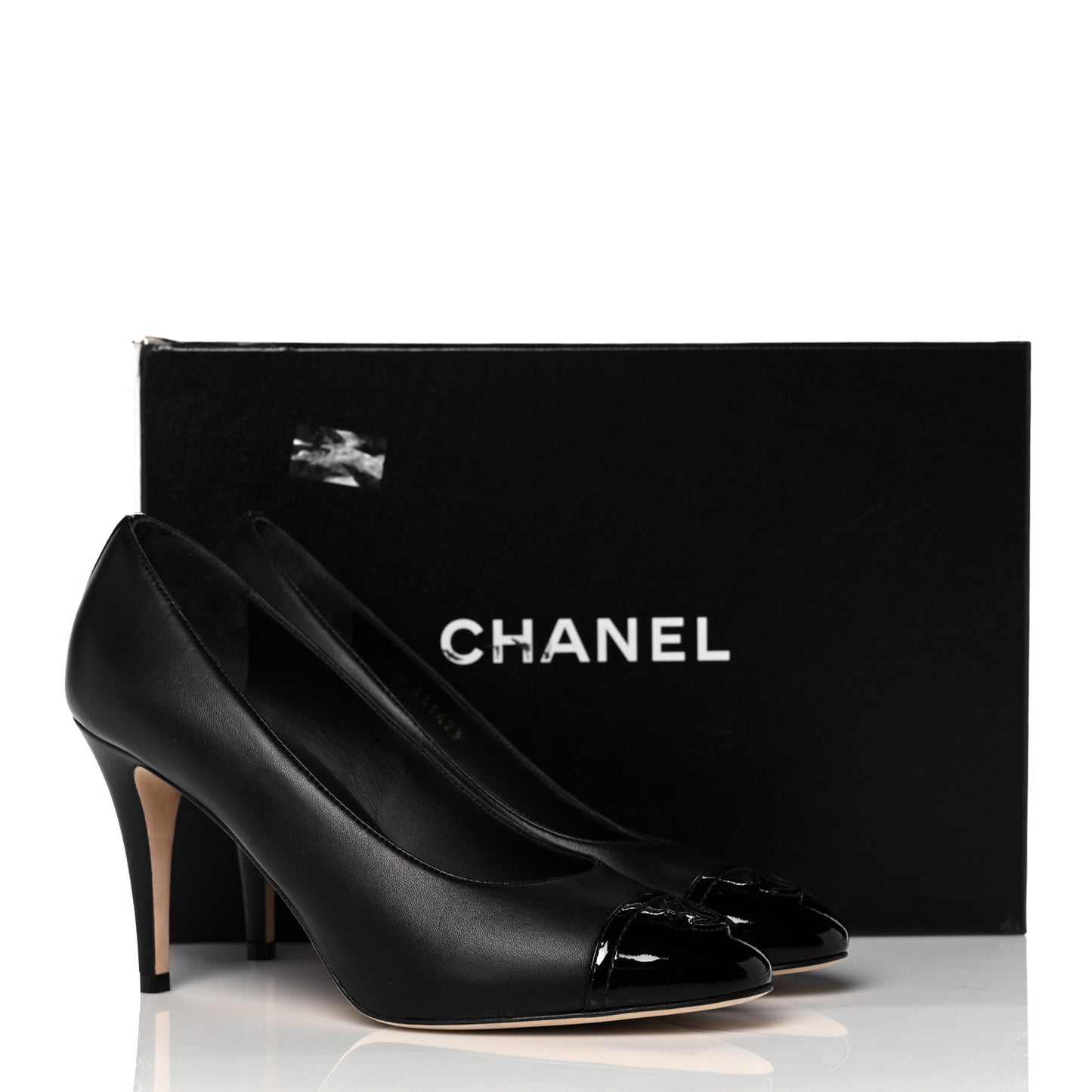 Lambskin Patent Calfskin Cap Toe CC Pumps 38.5 Black